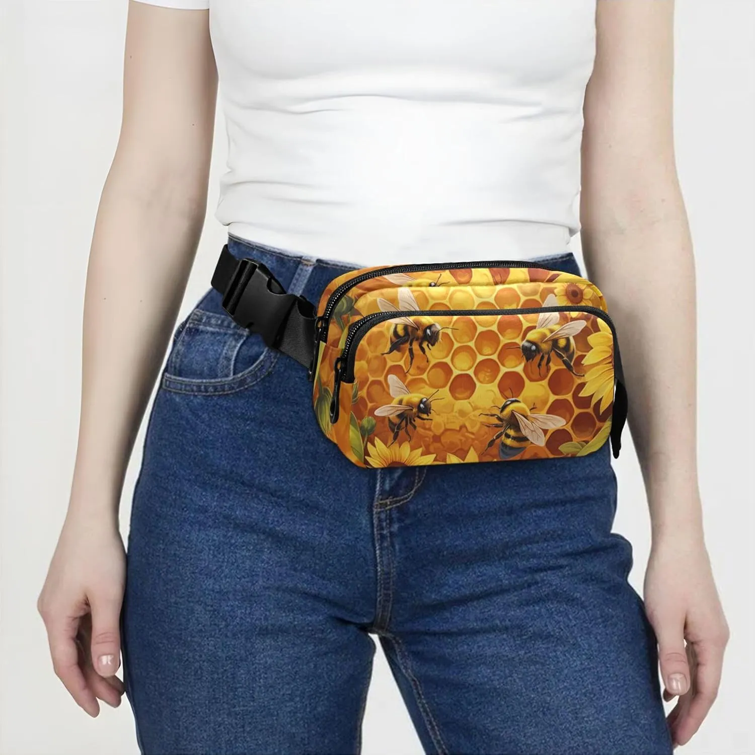 Vibrant Bees Sunflowers Women Fanny Packs Waterproof Hip Pack Belt Bag Colorful Crossbody Waist Pack