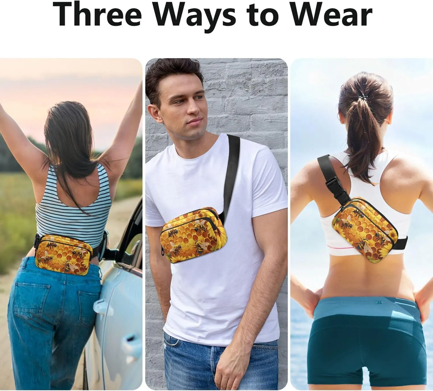 Vibrant Bees Sunflowers Women Fanny Packs Waterproof Hip Pack Belt Bag Colorful Crossbody Waist Pack