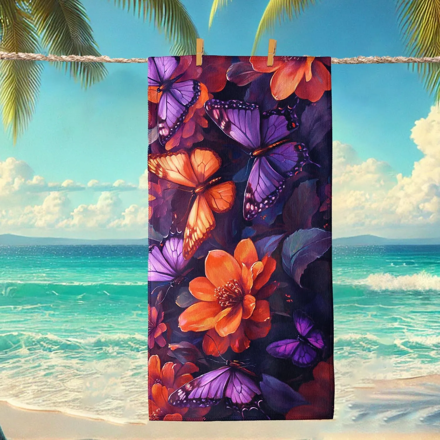 Vibrant Floral Microfiber Beach Towel Oversize Violet Butterflies Tropical Design, Quick Dry Soft Absorbent Sand Free Lightweight Beach Blanket, Outdoor Travel Picnic Essentials 62x31 Inch