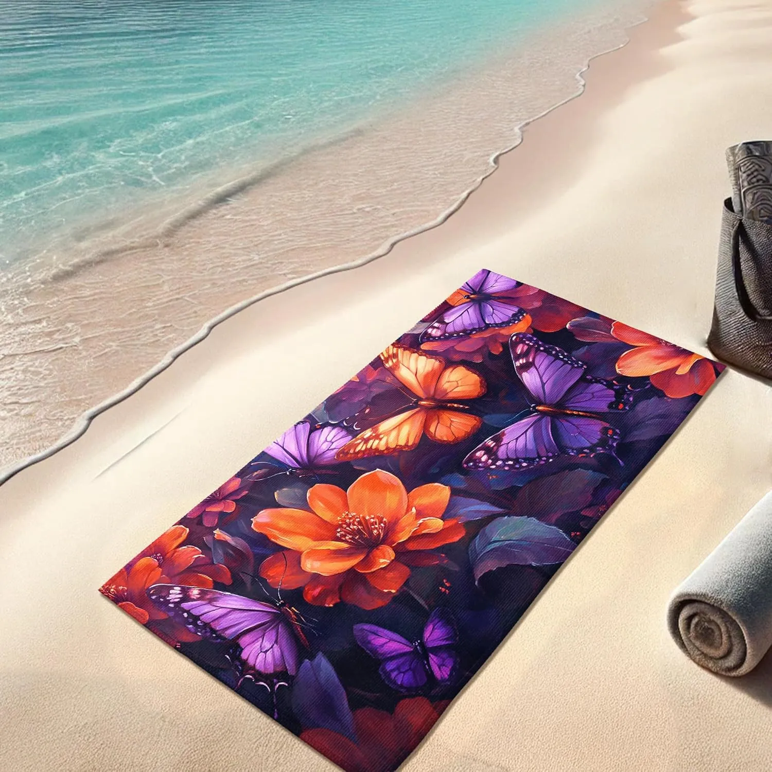 Vibrant Floral Microfiber Beach Towel Oversize Violet Butterflies Tropical Design, Quick Dry Soft Absorbent Sand Free Lightweight Beach Blanket, Outdoor Travel Picnic Essentials 62x31 Inch
