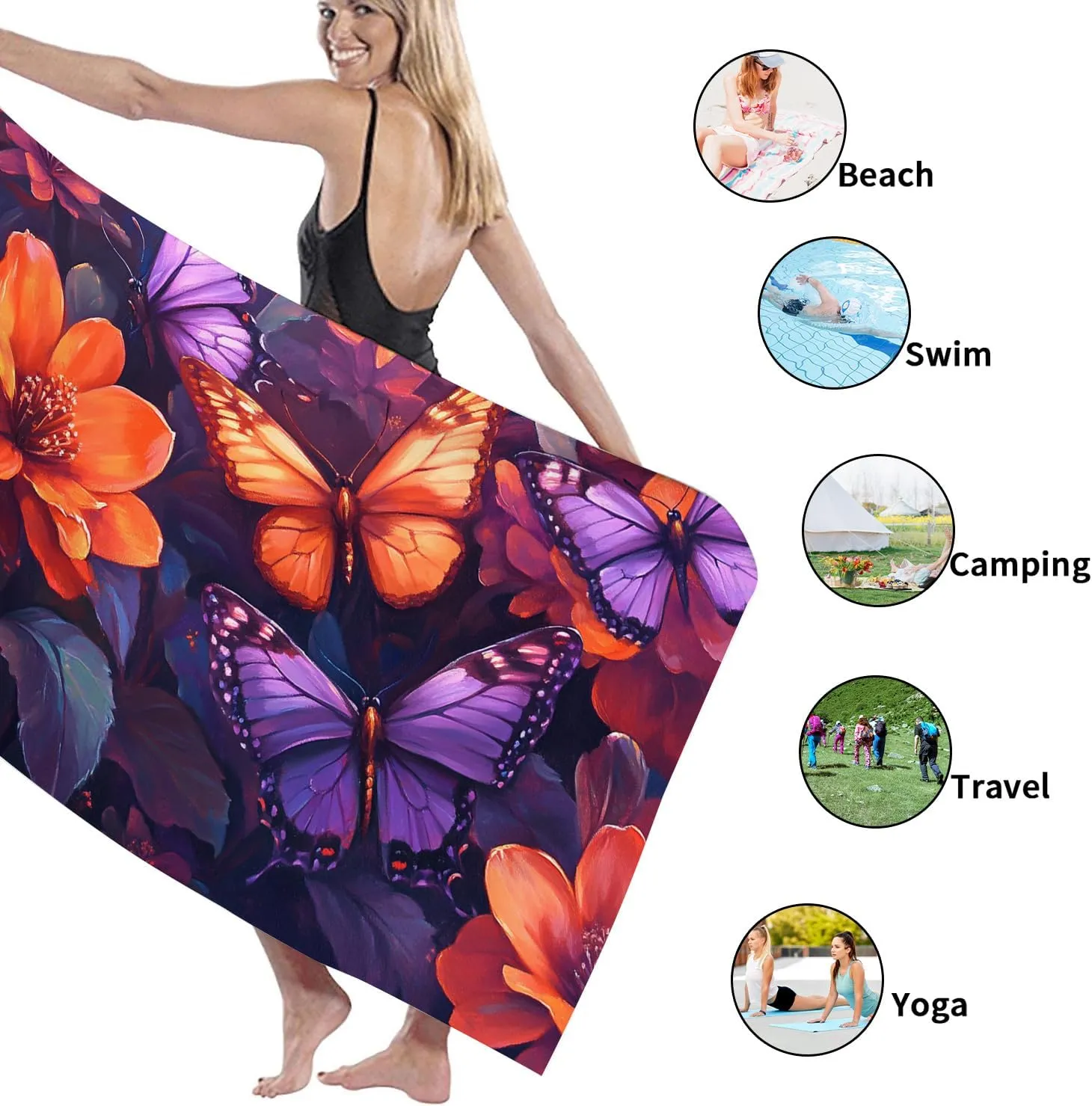 Vibrant Floral Microfiber Beach Towel Oversize Violet Butterflies Tropical Design, Quick Dry Soft Absorbent Sand Free Lightweight Beach Blanket, Outdoor Travel Picnic Essentials 62x31 Inch
