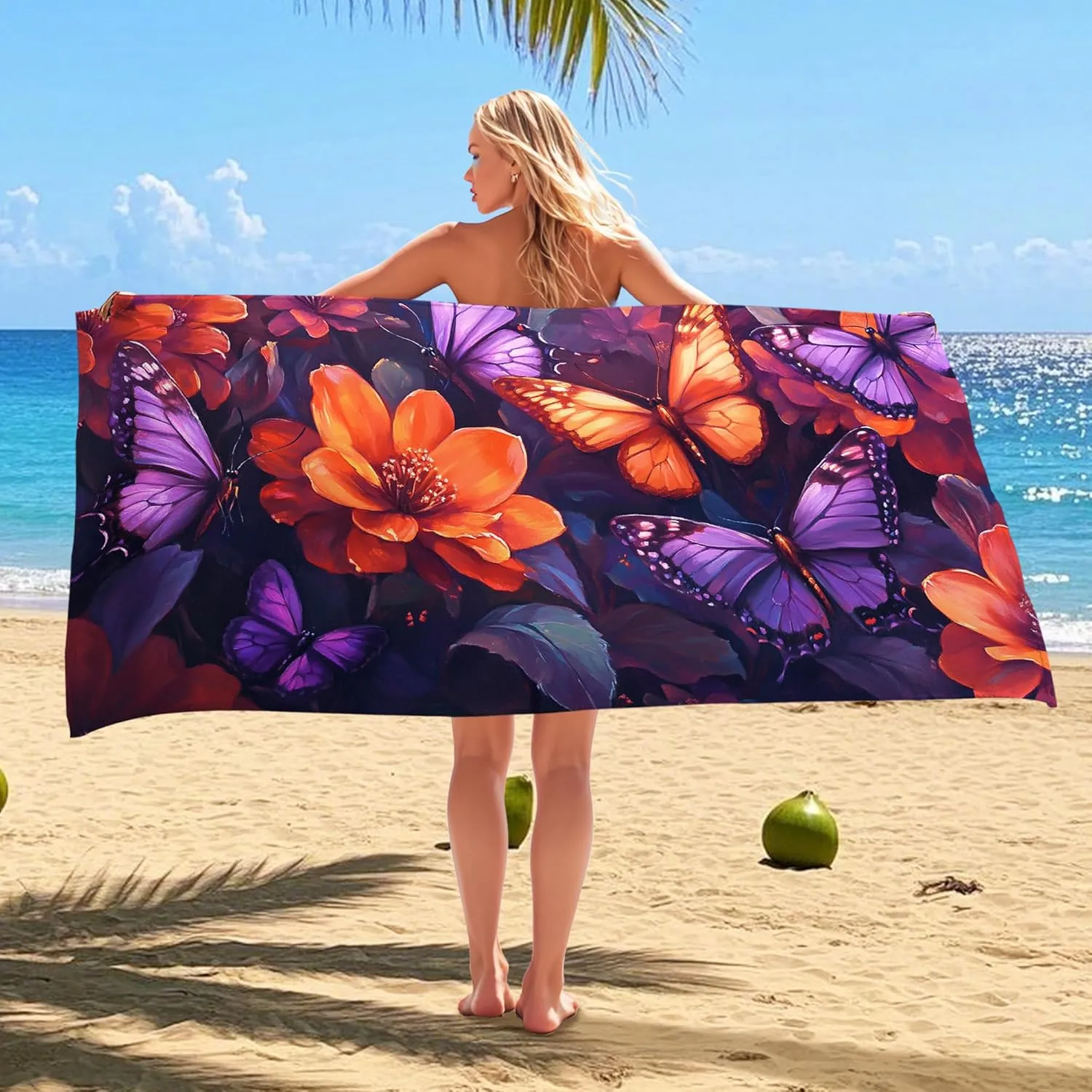 Vibrant Floral Microfiber Beach Towel Oversize Violet Butterflies Tropical Design, Quick Dry Soft Absorbent Sand Free Lightweight Beach Blanket, Outdoor Travel Picnic Essentials 62x31 Inch