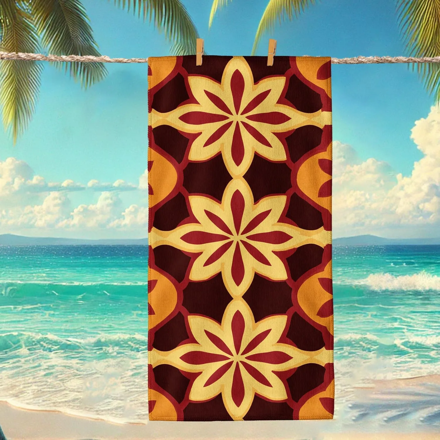 Vintage Floral Beach Towel Maroon Petal Pattern Quick Dry Soft Sand Free Lightweight Blanket Picnic Essentials 70x35 Inch