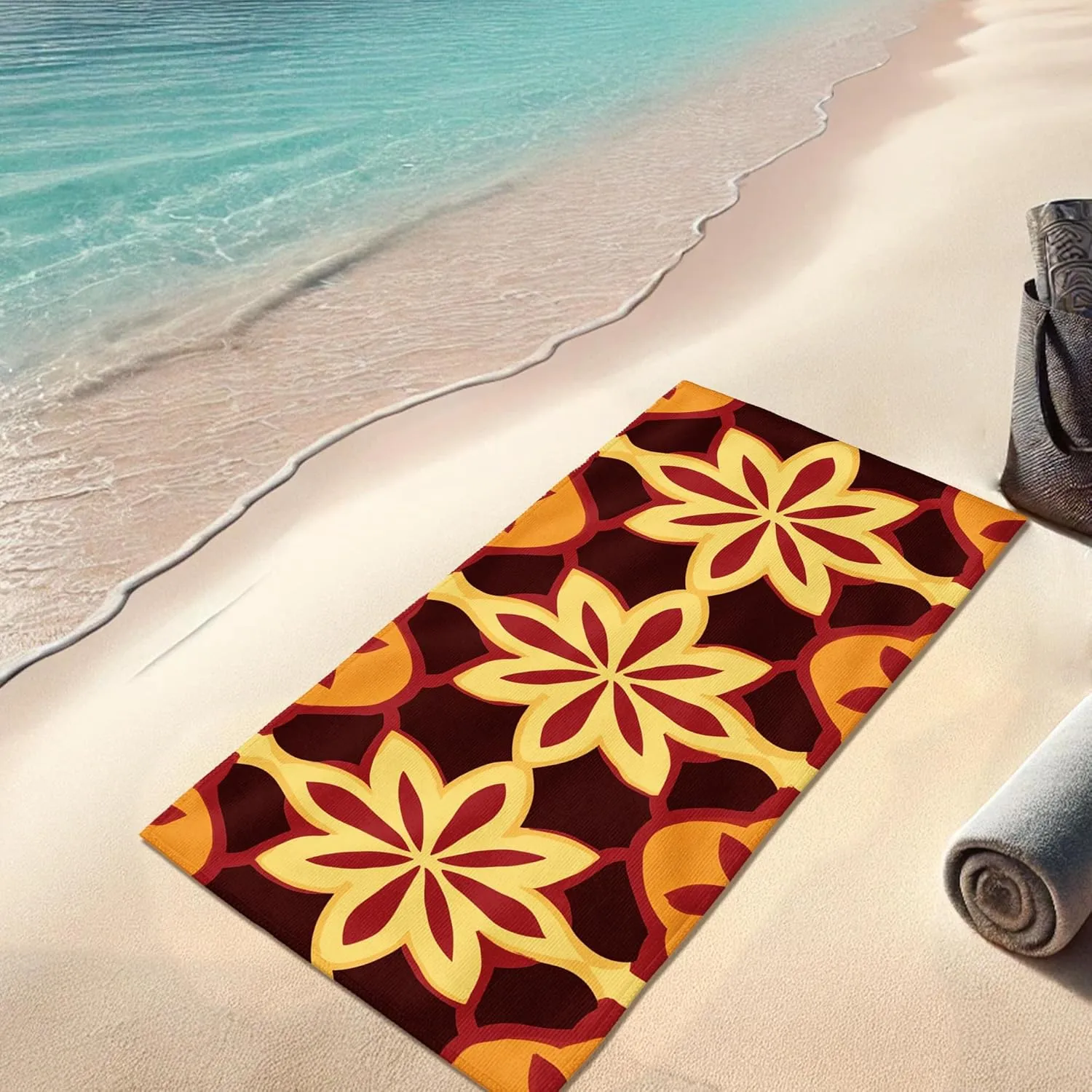 Vintage Floral Beach Towel Maroon Petal Pattern Quick Dry Soft Sand Free Lightweight Blanket Picnic Essentials 70x35 Inch