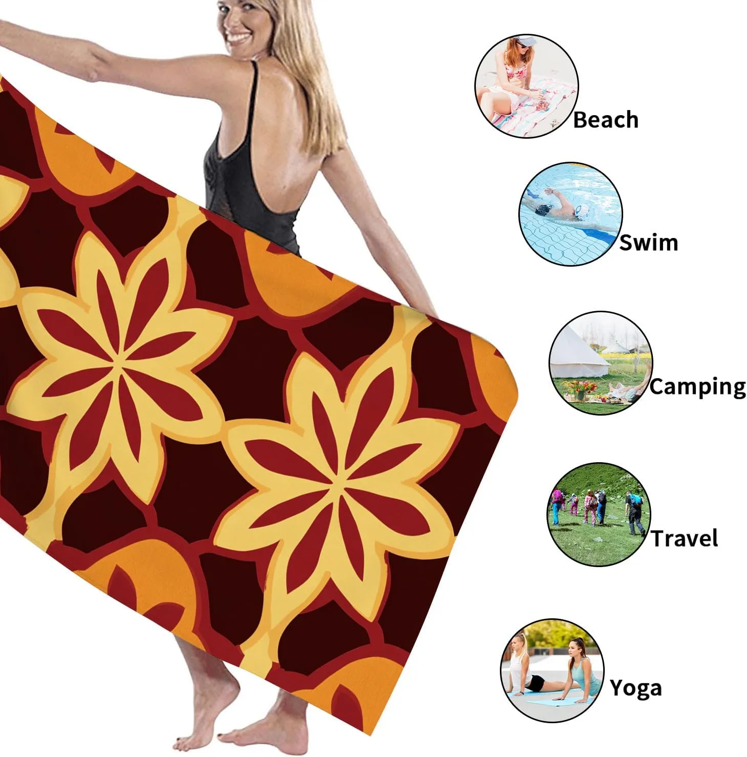 Vintage Floral Beach Towel Maroon Petal Pattern Quick Dry Soft Sand Free Lightweight Blanket Picnic Essentials 70x35 Inch