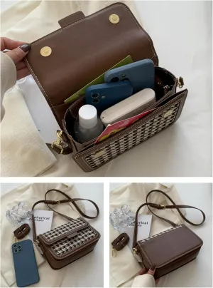 Vintage Plaid Shoulder Bag For Women Crossbody Bag, Brown/Black PU Leather Trim, Adjustable Shoulder Strap