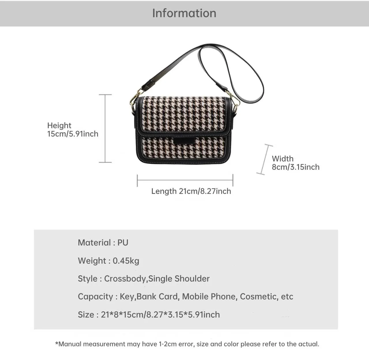 Vintage Plaid Shoulder Bag For Women Crossbody Bag, Brown/Black PU Leather Trim, Adjustable Shoulder Strap