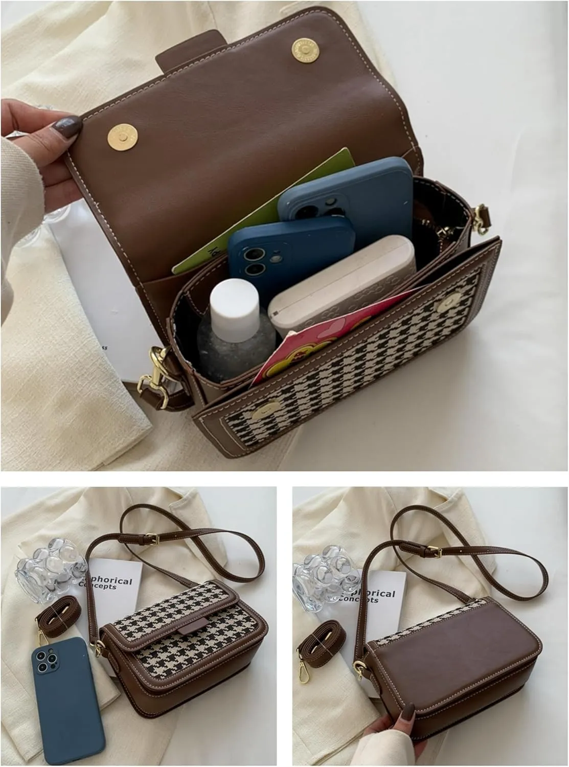 Vintage Plaid Shoulder Bag For Women Crossbody Bag, Brown/Black PU Leather Trim, Adjustable Shoulder Strap