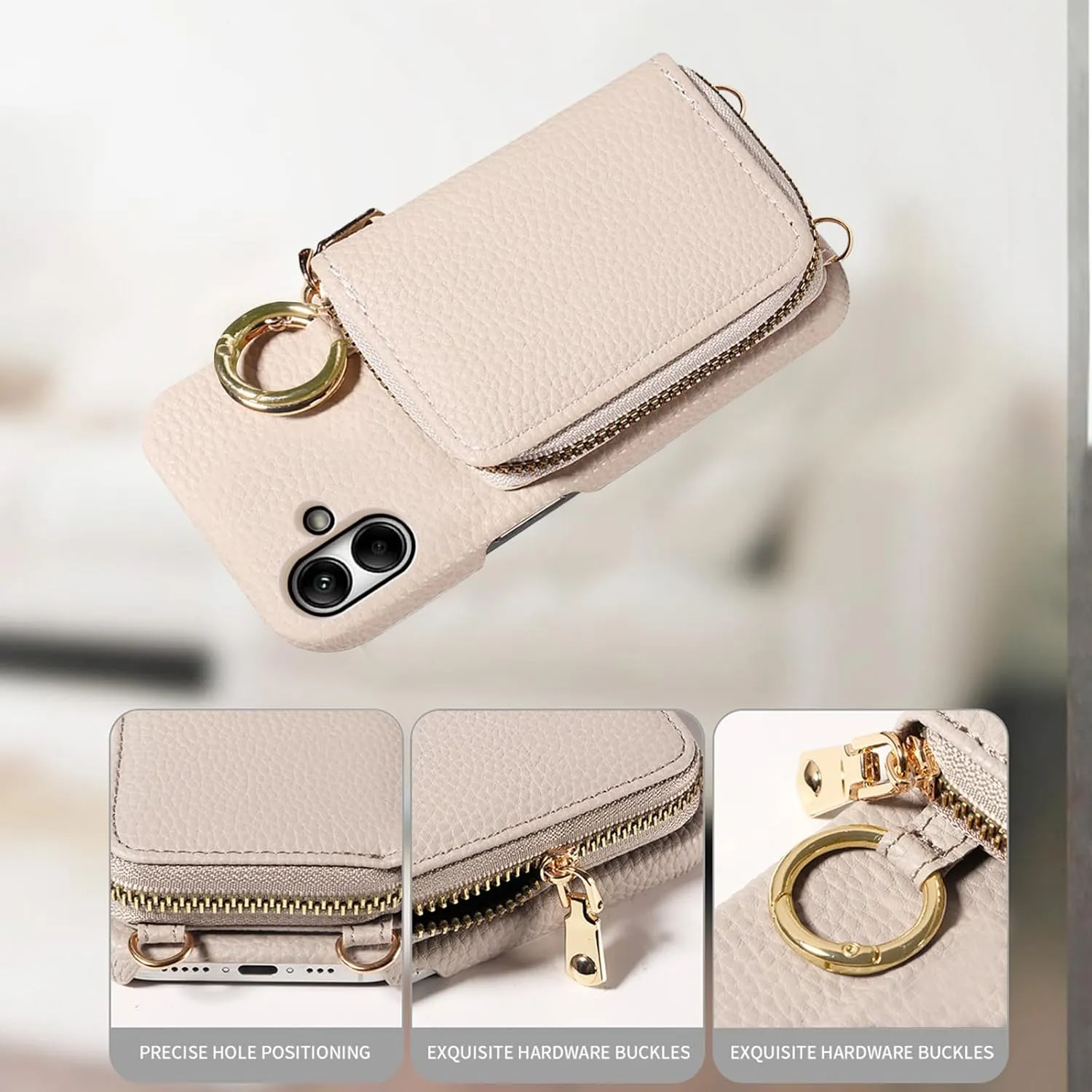 Wallet Case for Samsung Galaxy A04 with Shoulder Strap Ring Buckle, Luxury PU Leather Zipper Flip Organ Purse Credit Card Holder Stand Full Body Cell Phone Cover for Ao4 A 04 4G Women Men White