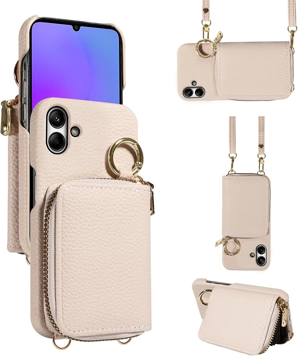Wallet Case for Samsung Galaxy A04 with Shoulder Strap Ring Buckle, Luxury PU Leather Zipper Flip Organ Purse Credit Card Holder Stand Full Body Cell Phone Cover for Ao4 A 04 4G Women Men White