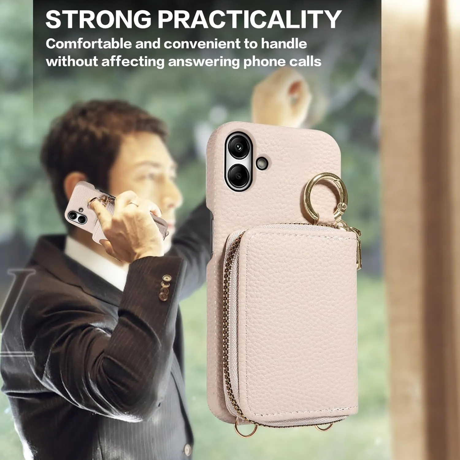 Wallet Case for Samsung Galaxy A04 with Shoulder Strap Ring Buckle, Luxury PU Leather Zipper Flip Organ Purse Credit Card Holder Stand Full Body Cell Phone Cover for Ao4 A 04 4G Women Men White