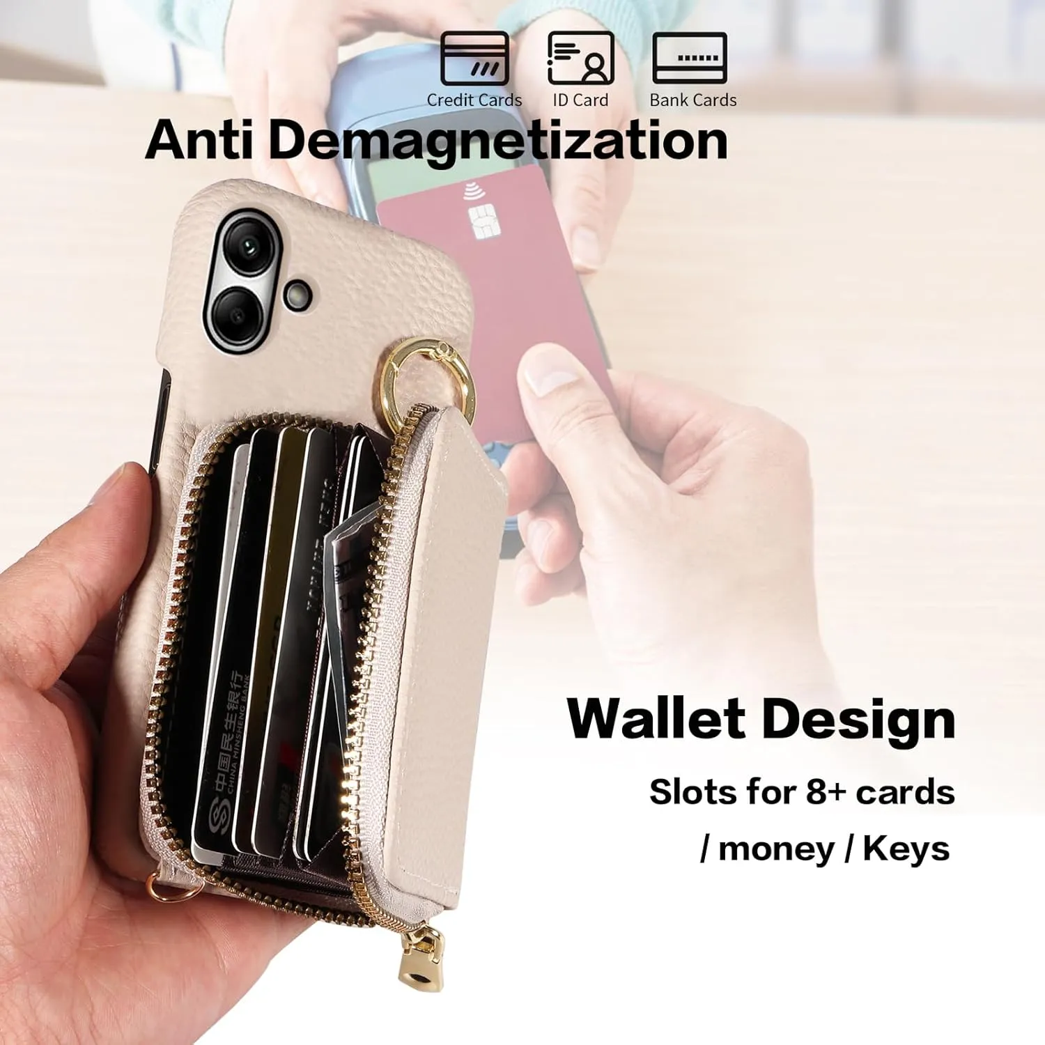 Wallet Case for Samsung Galaxy A04 with Shoulder Strap Ring Buckle, Luxury PU Leather Zipper Flip Organ Purse Credit Card Holder Stand Full Body Cell Phone Cover for Ao4 A 04 4G Women Men White