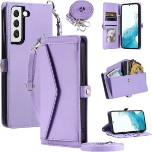 Wallet Case For Samsung Galaxy S21 5G 6.2 inch with Wrist Strap Shoulder Strap Card Holder Shockproof Soft PU Leather Magnetic Snap Pocket Stand Accessories Phone Cover S 21 21S G5 Women Purple