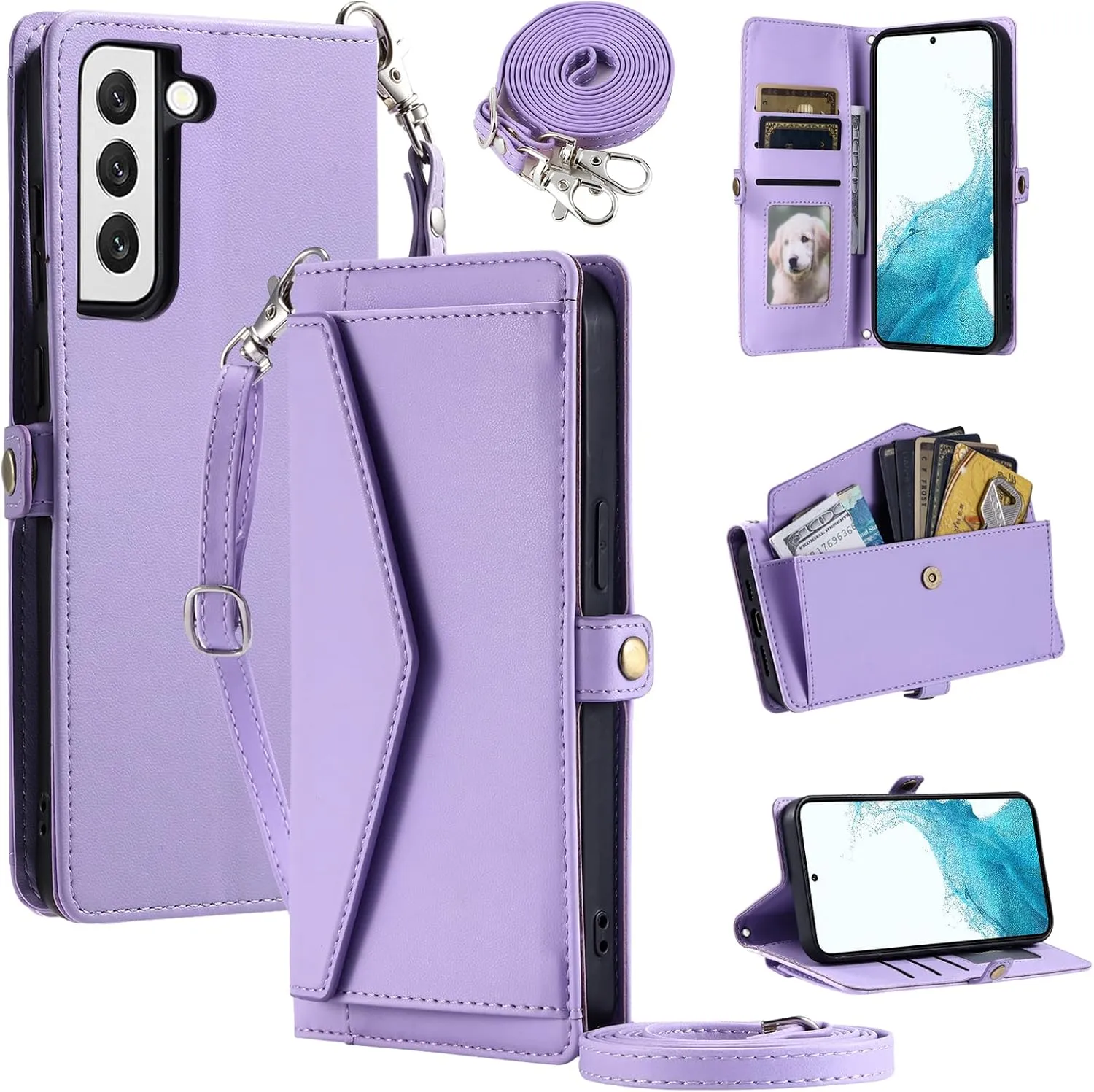 Wallet Case For Samsung Galaxy S21 5G 6.2 inch with Wrist Strap Shoulder Strap Card Holder Shockproof Soft PU Leather Magnetic Snap Pocket Stand Accessories Phone Cover S 21 21S G5 Women Purple