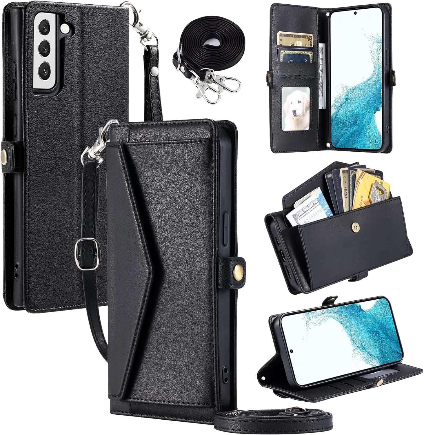 Wallet Case for Samsung Galaxy S21 Plus S21  5G with Wrist Strap Card Holder Shockproof Soft PU Leather Magnetic Snap Pocket Stand Cell Phone Cover S21 5G S21plus 21S   S 21 21  G5 Women Black