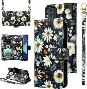 Wallet Case for Wiko Ride 3 with Detachable Wrist Strap Crossbody Shoulder Strap Flower Leather 6  Card Slots Zipper Purse Credit CardHolder Protector Stand Phone Cover U614AS Girls Black