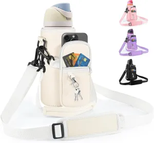Water Bottle Carrier Bag with Detachable Phone Pocket for Owala FreeSip 24 32 oz with Strap Water Bottle Sleeve for Walking Camping Gym