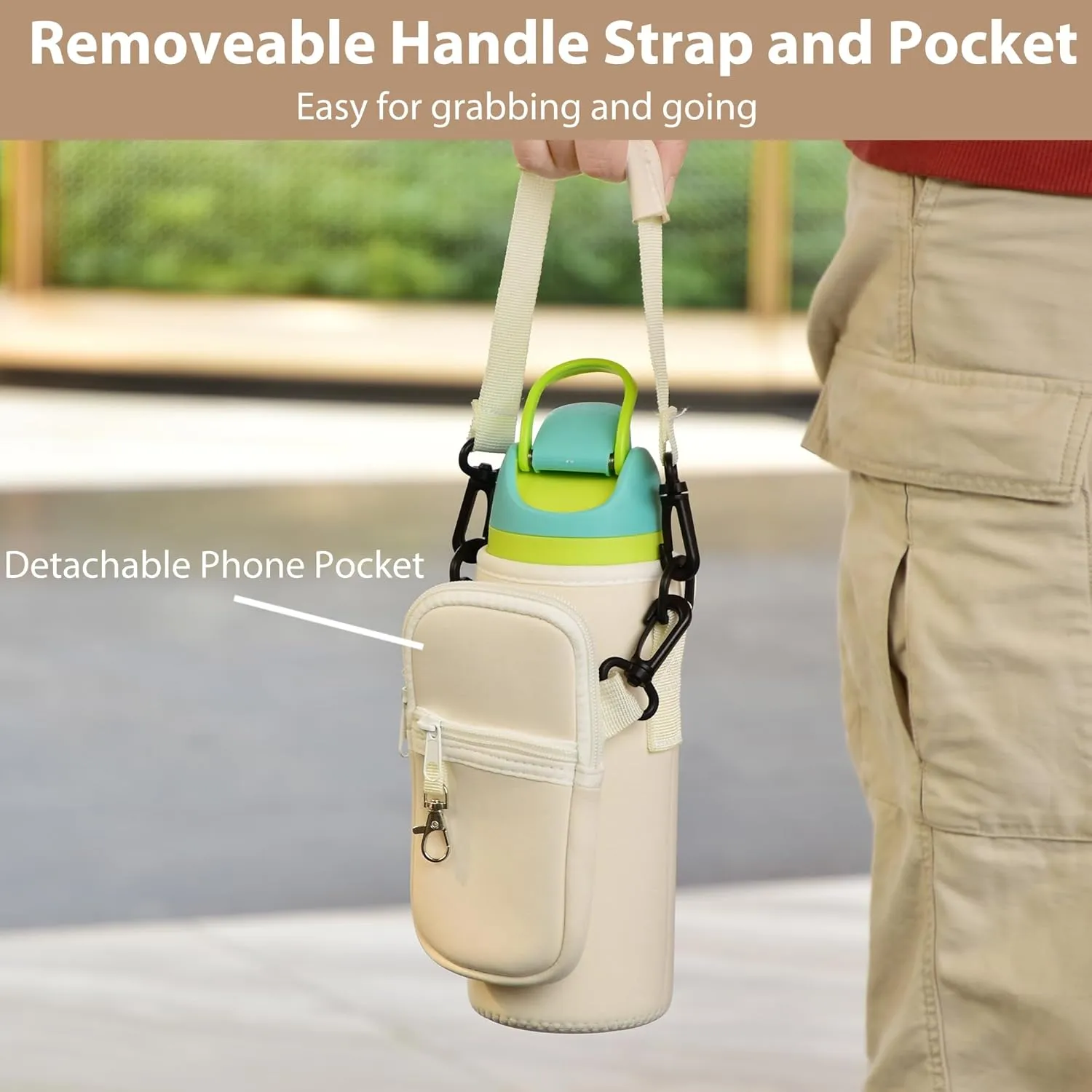Water Bottle Carrier Bag with Detachable Phone Pocket for Owala FreeSip 24 32 oz with Strap Water Bottle Sleeve for Walking Camping Gym