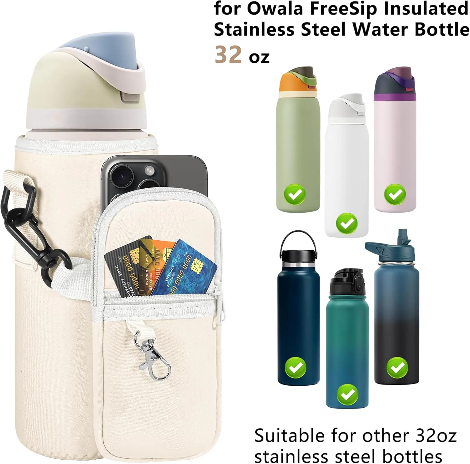 Water Bottle Carrier Bag with Detachable Phone Pocket for Owala FreeSip 24 32 oz with Strap Water Bottle Sleeve for Walking Camping Gym