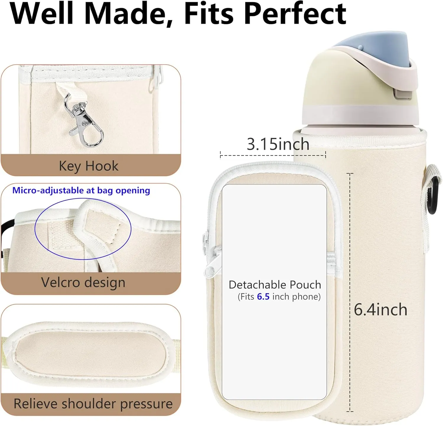 Water Bottle Carrier Bag with Detachable Phone Pocket for Owala FreeSip 24 32 oz with Strap Water Bottle Sleeve for Walking Camping Gym
