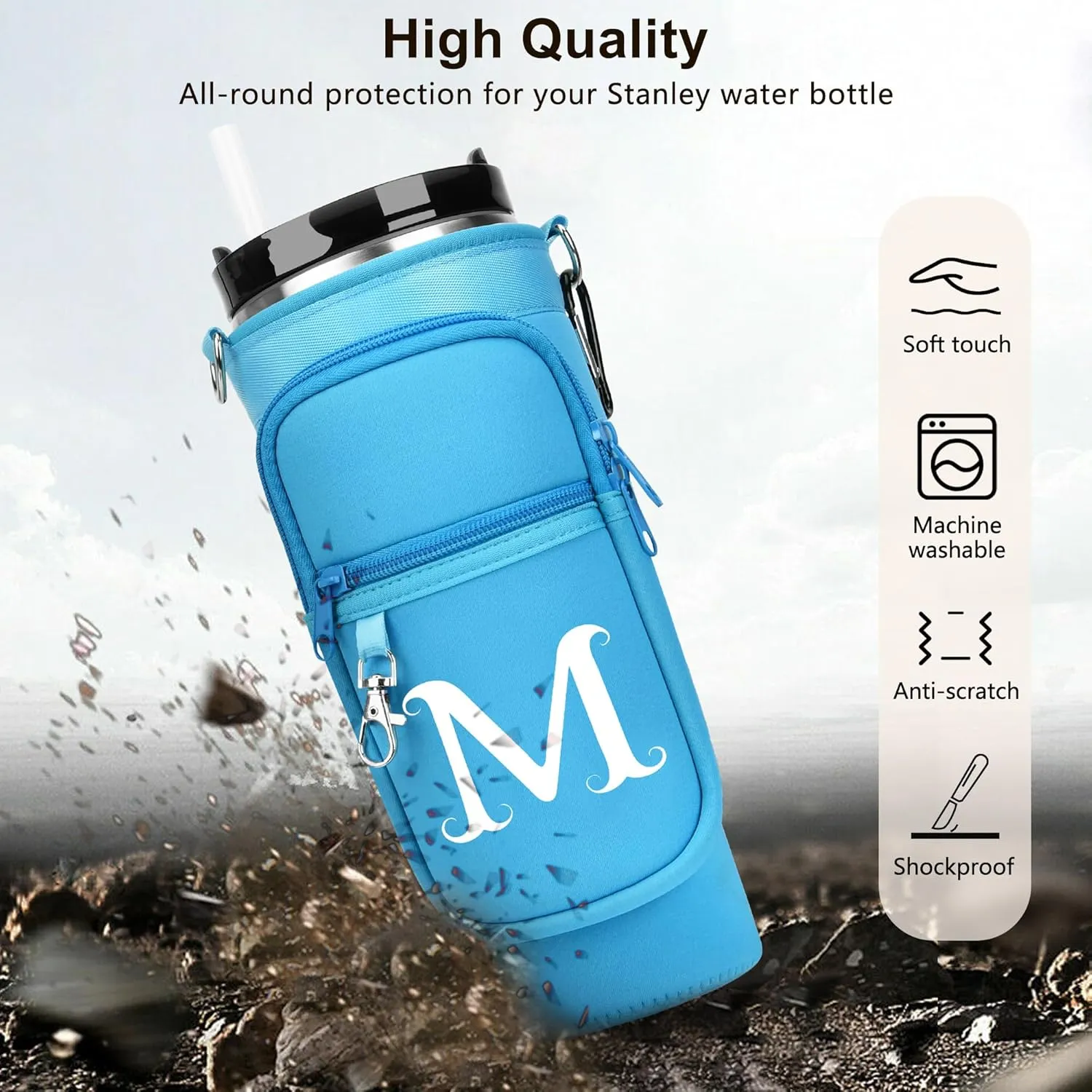 Water Bottle Holder with Adjustable Strap for Stanley Cup 40 oz Tumbler with Handle, Personalized Initial Gifts, Water Bottle Carrier Bag with Phone Pocket for Stanley Cup Accessories
