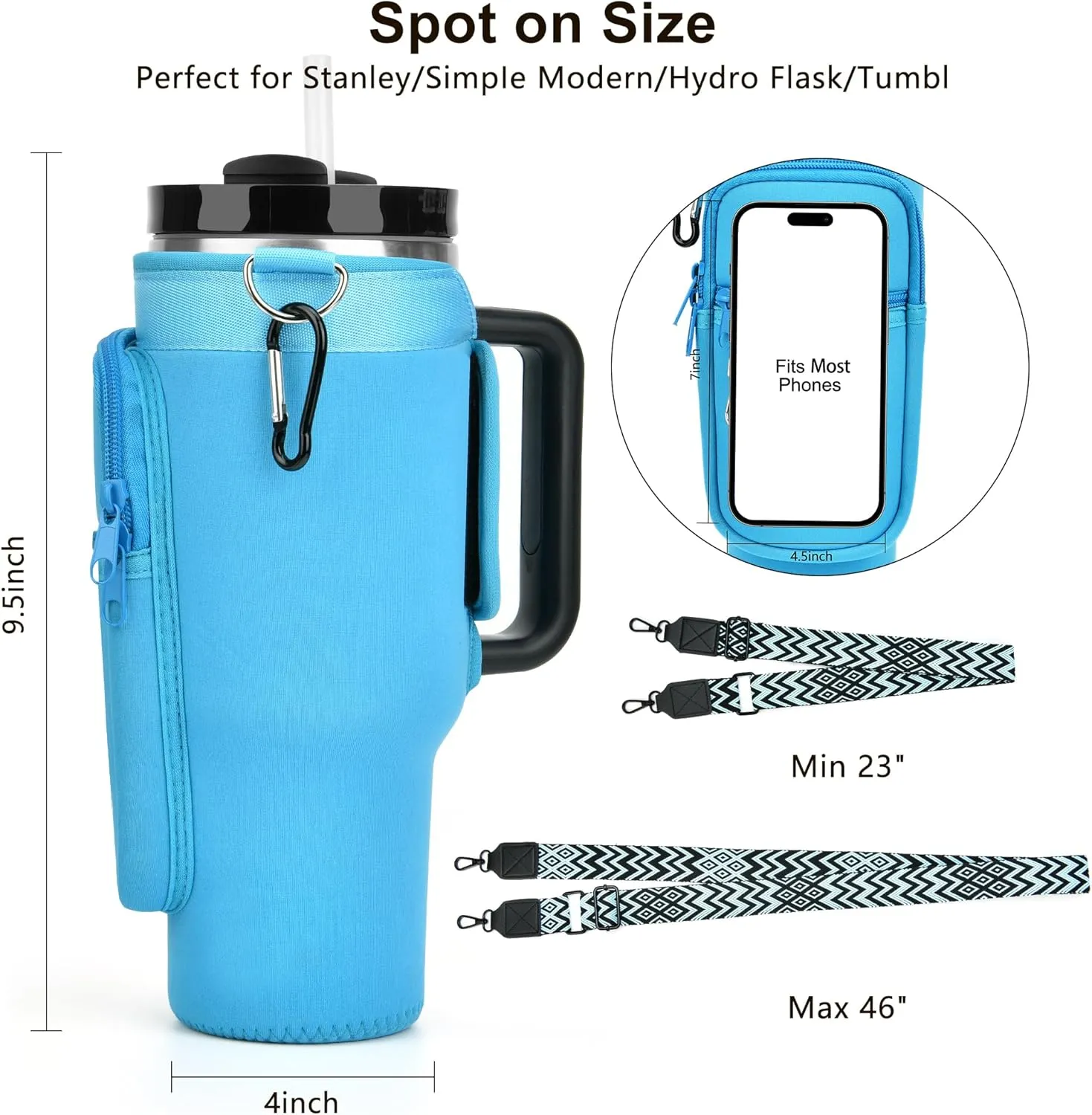 Water Bottle Holder with Adjustable Strap for Stanley Cup 40 oz Tumbler with Handle, Personalized Initial Gifts, Water Bottle Carrier Bag with Phone Pocket for Stanley Cup Accessories