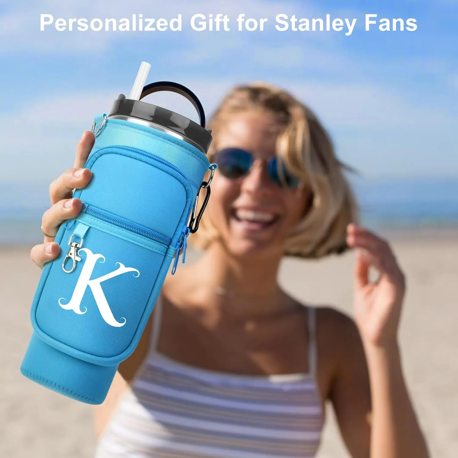 Water Bottle Holder with Adjustable Strap for Stanley Cup 40 oz Tumbler with Handle, Personalized Initial Gifts, Water Bottle Carrier Bag with Phone Pocket for Stanley Cup Accessories
