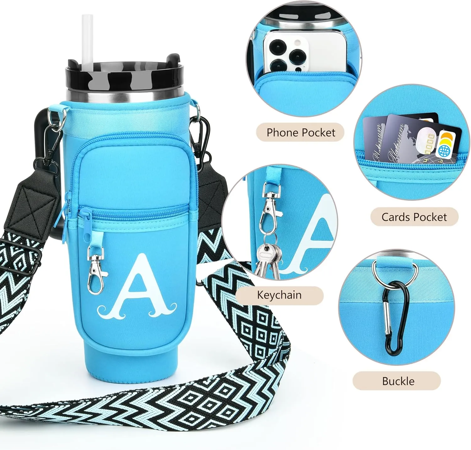 Water Bottle Holder with Adjustable Strap for Stanley Cup 40 oz Tumbler with Handle, Personalized Initial Gifts, Water Bottle Carrier Bag with Phone Pocket for Stanley Cup Accessories