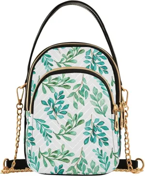 Watercolor Green and Blue Foliage Pattern Design Crossbody Bags Shoulder Bag for Women Stylish Ladies Messenger Bags Cell Phone Purse and Handbags Wallet