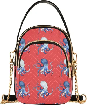 Watercolor Octopus Multi Pockets Crossbody Bags for Women Zip Cell Phone Purse Wallet Bag with Detachable Shoulder Strap Handbag Purse for Gift Traveling Working Shopping Women Girls Trendy