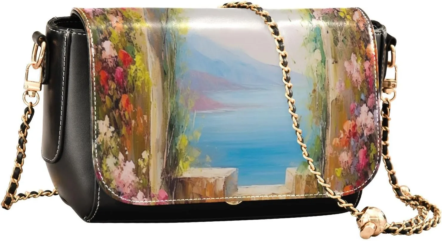 Watercolor Strawberry on Pink Women Leather Crossbody Bag, Leather Shoulder Bags, Leather Gifts for Women