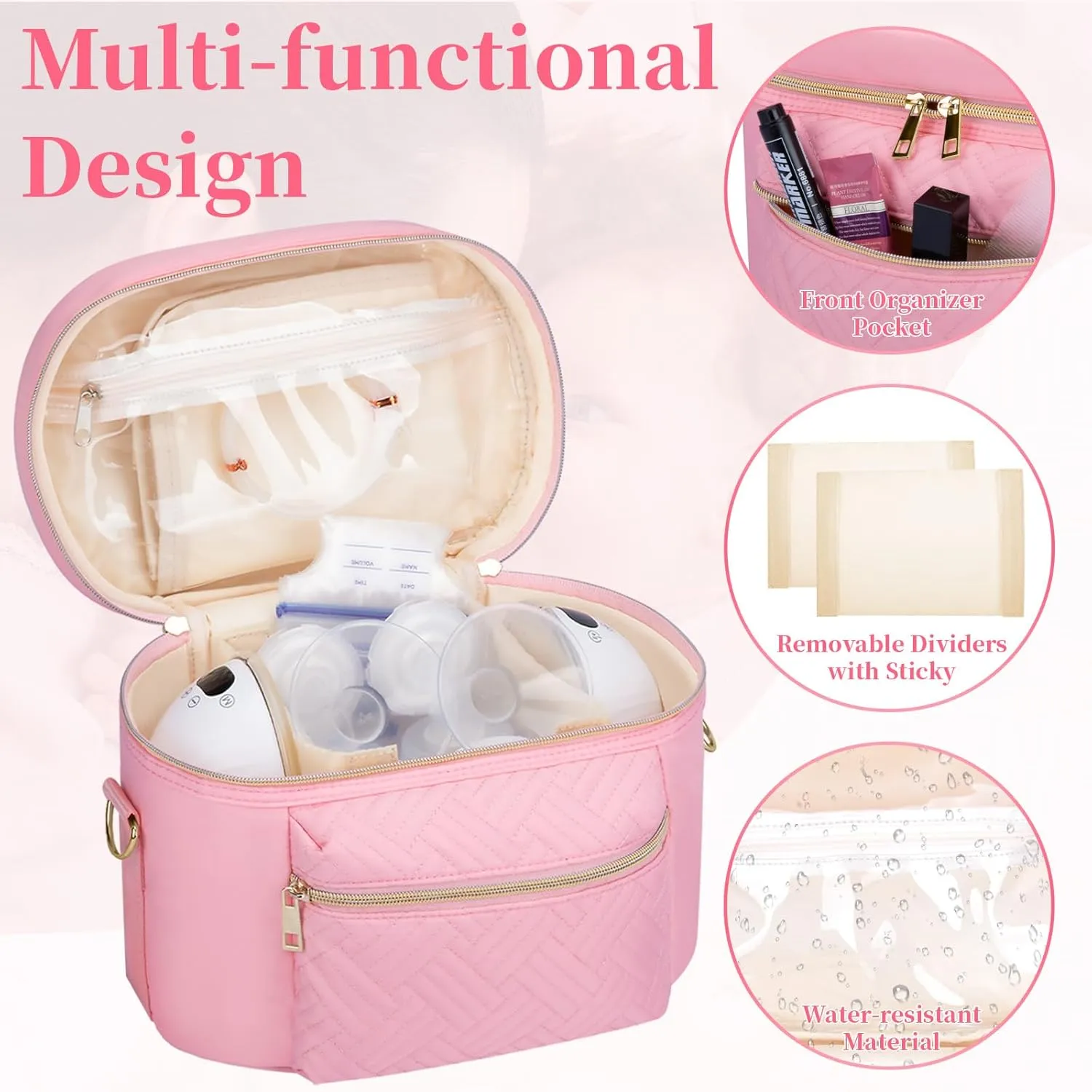 Wearable Breast Pump Bag Compatible with Willow/Elvie/Medela/Momcozy, Portable Pumps Carrying Case for Nursing & Working Moms, Pumping Bag with Mat & Shoulder Strap, Pink