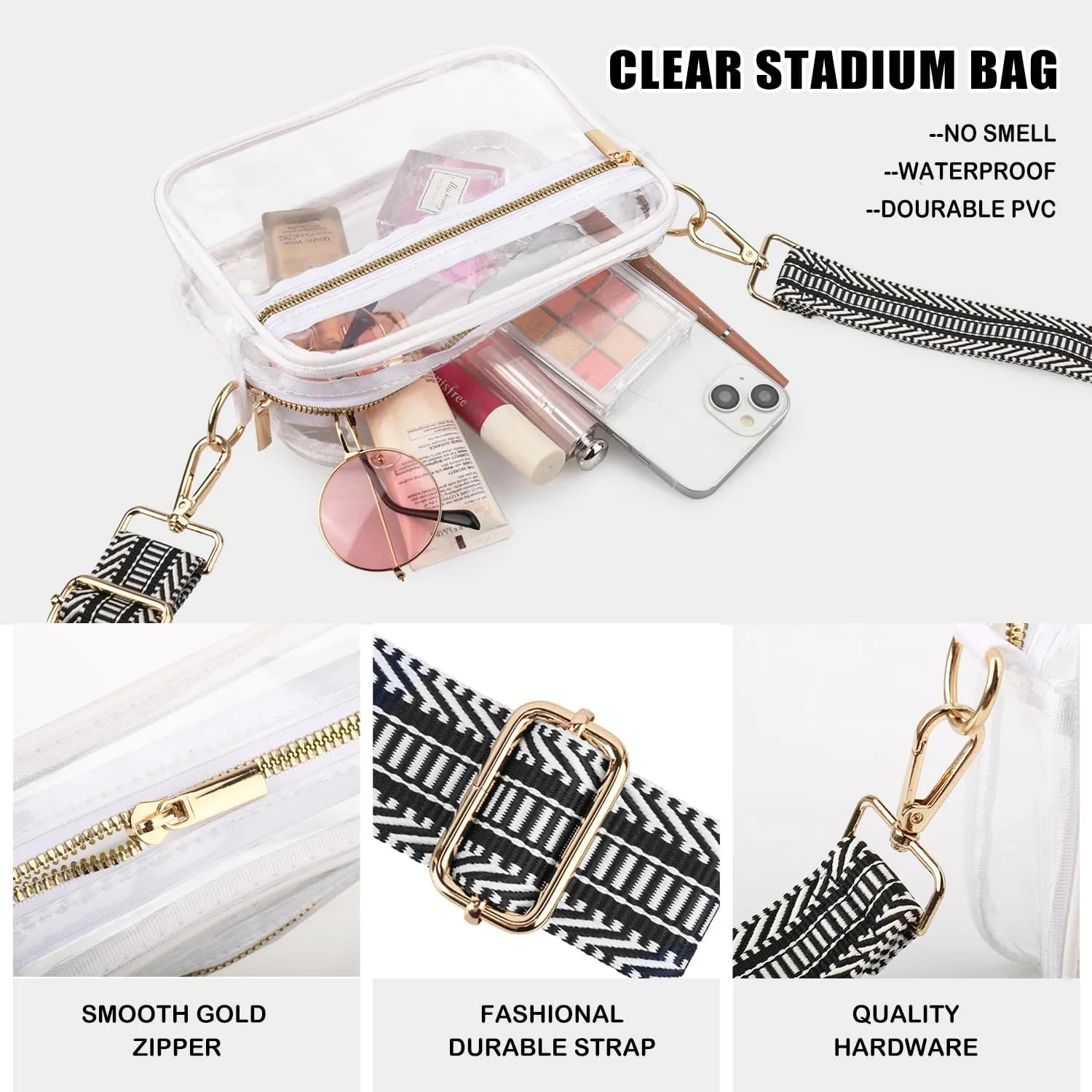 WEDDINGHELPER Clear Crossbody Bag, Clear Bag Stadium Approved Clear Purse with Adjustable Strap for Sports Concerts Festivals