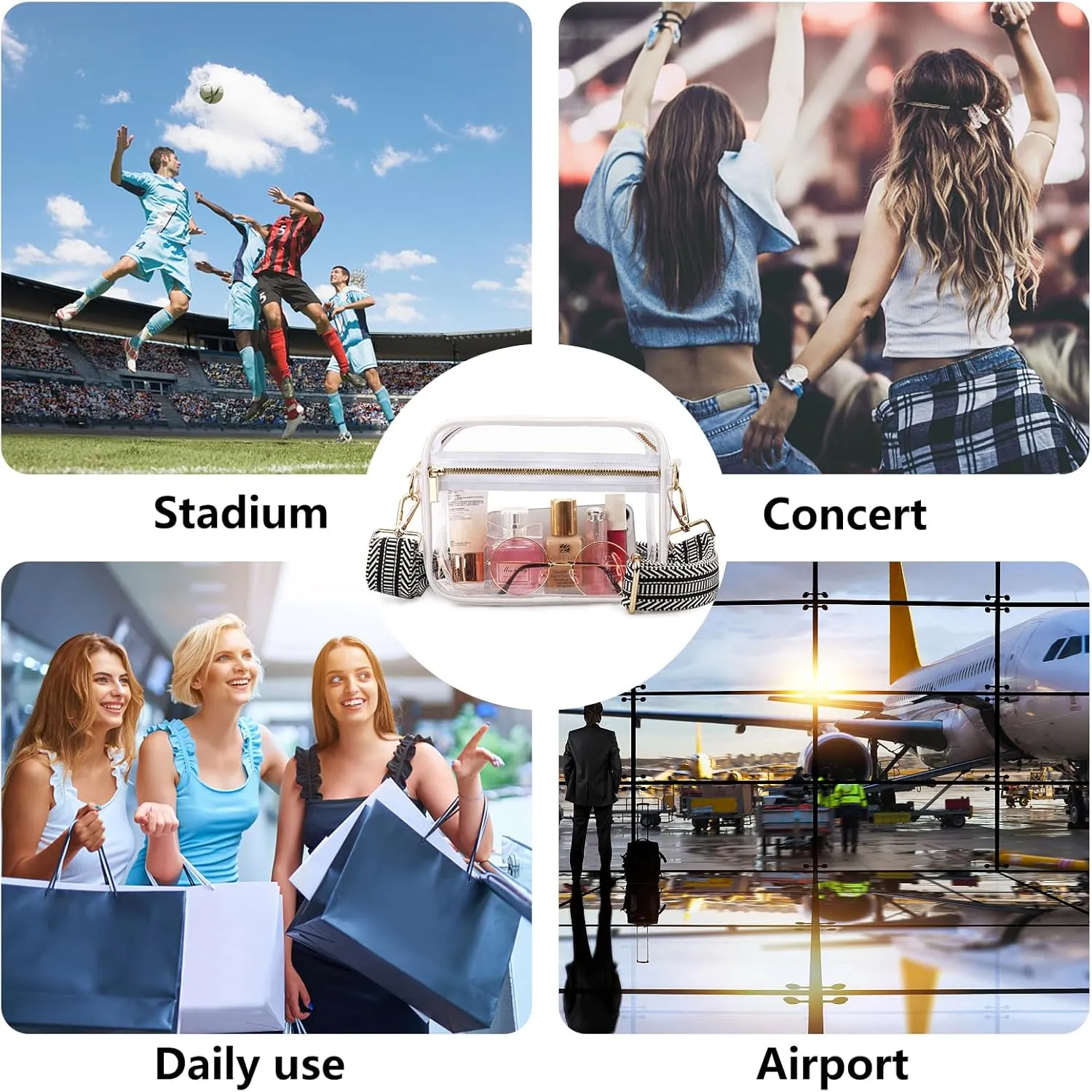 WEDDINGHELPER Clear Crossbody Bag, Clear Bag Stadium Approved Clear Purse with Adjustable Strap for Sports Concerts Festivals