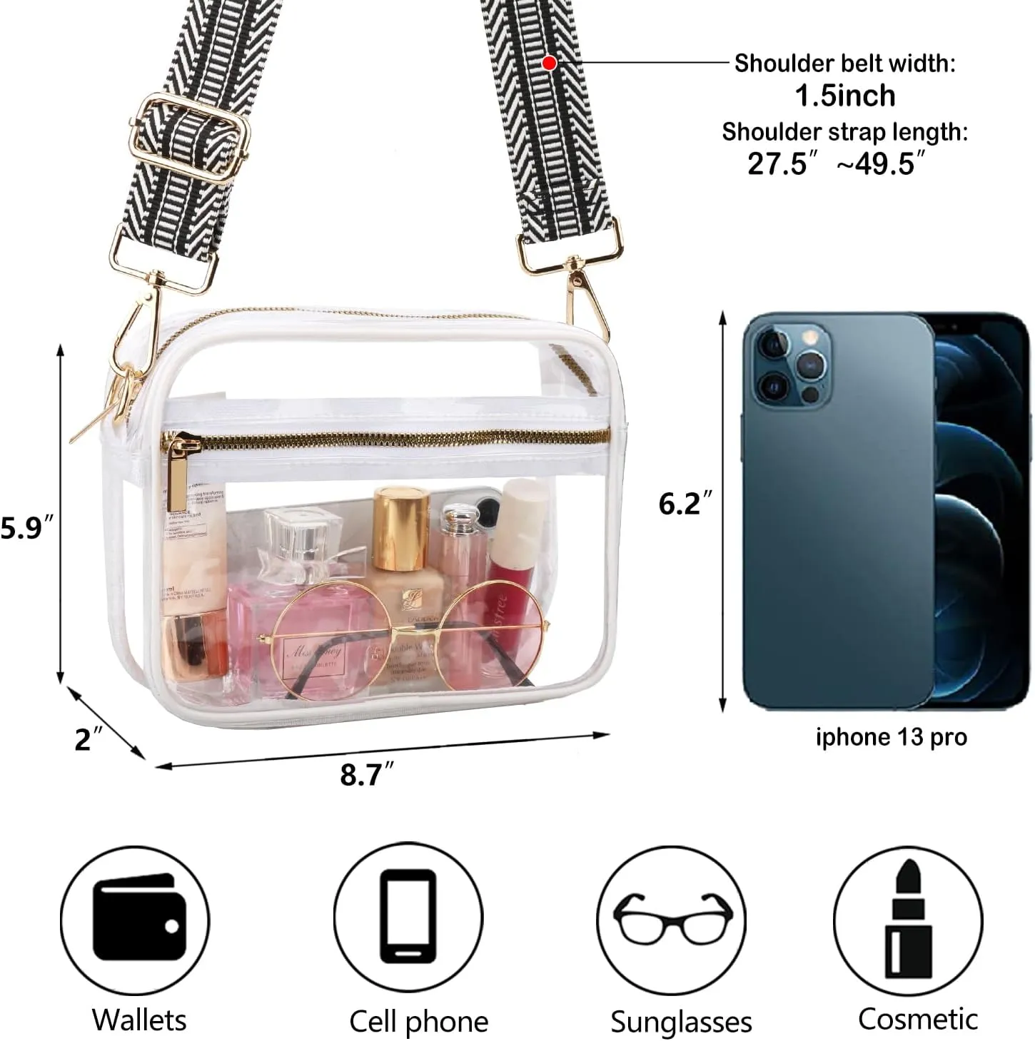 WEDDINGHELPER Clear Crossbody Bag, Clear Bag Stadium Approved Clear Purse with Adjustable Strap for Sports Concerts Festivals