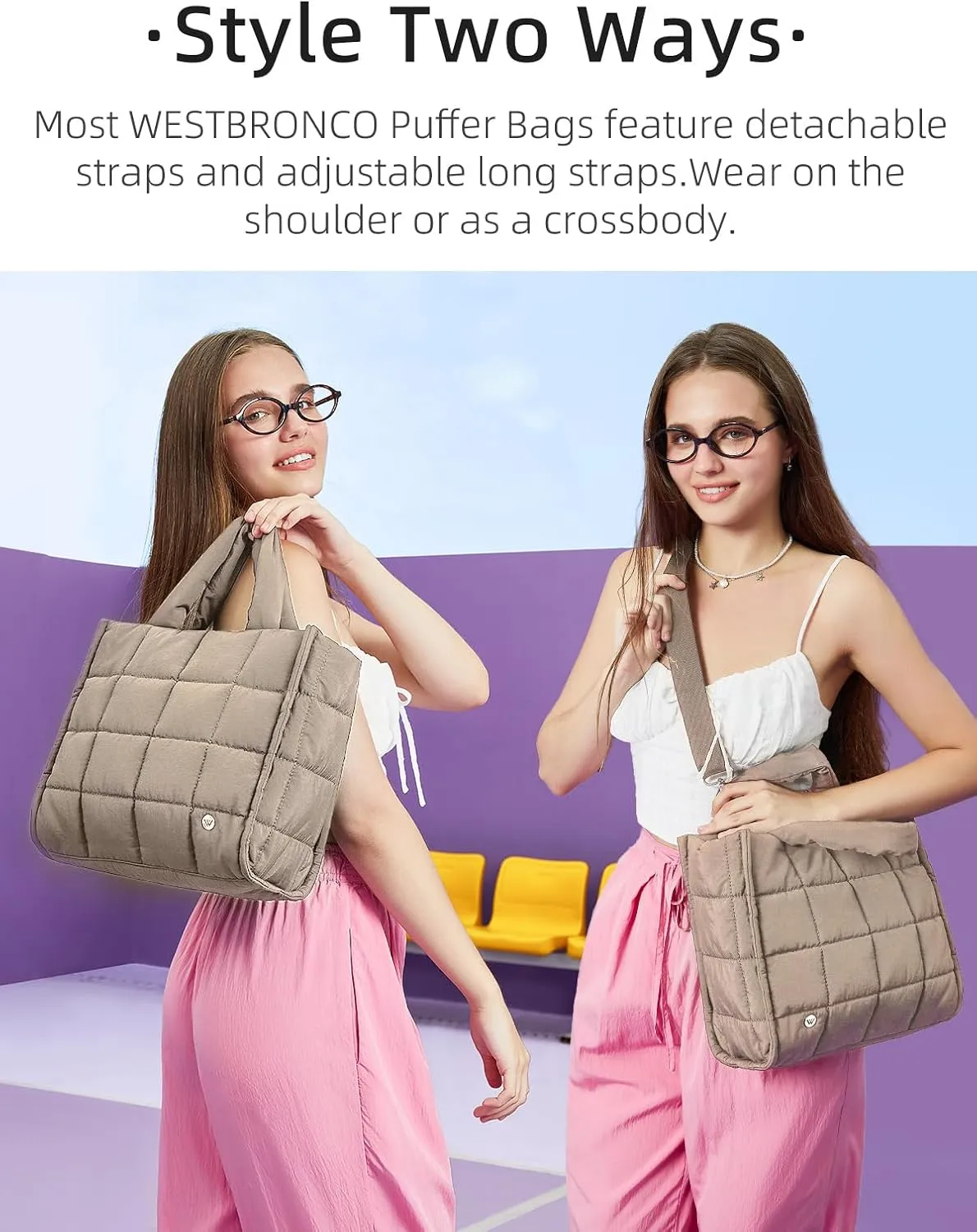 WESTBRONCO Puffer Crossbody Bags for Women Quilted Tote Bag Puffy Weekender Overnight Bag Nylon Shoulder Handbag
