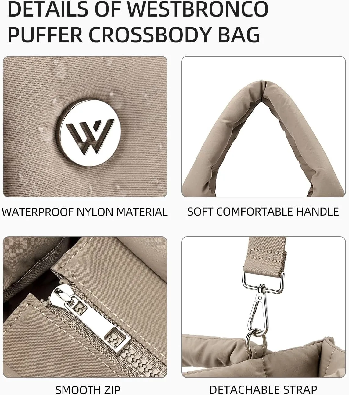 WESTBRONCO Puffer Crossbody Bags for Women Quilted Tote Bag Puffy Weekender Overnight Bag Nylon Shoulder Handbag