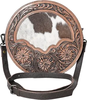 western Handtooled Cowhide Hairon Canteen Crossbody bag with Adjustable Detachable Leather Strap,Antique dye finish