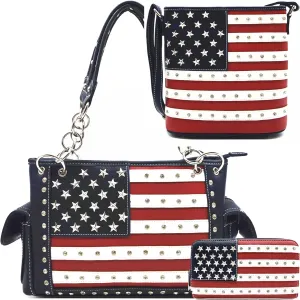 WESTERN ORIGIN American Flag USA Patriotic Purse Stars and Stripe Handbag Women Shoulder Bag Studs Crossbody Wallet Blue