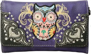 Western Owl Art Heart Crossbody Wristlet Clutch Wallet