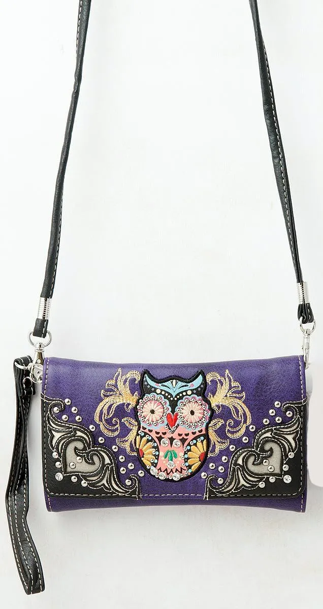 Western Owl Art Heart Crossbody Wristlet Clutch Wallet
