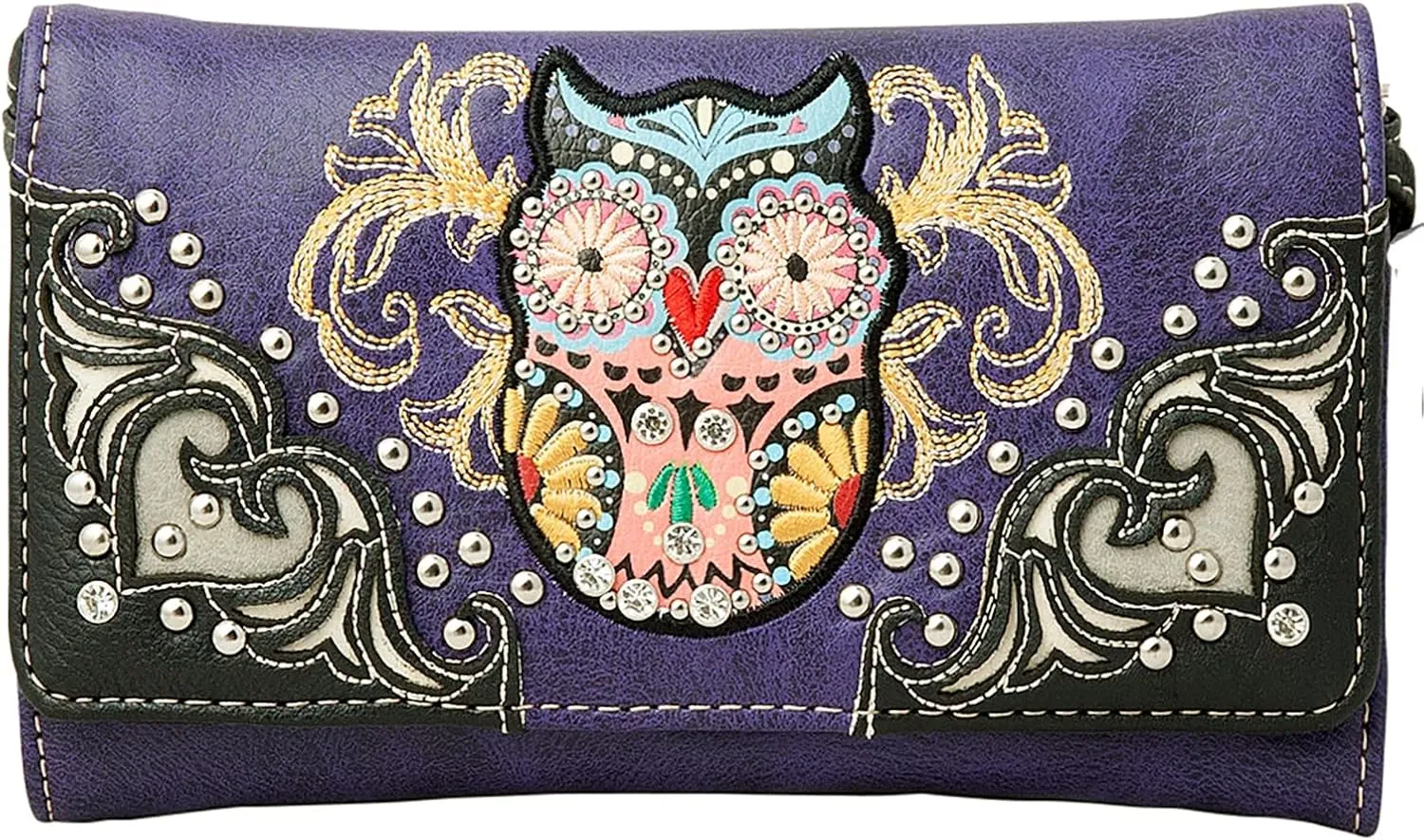 Western Owl Art Heart Crossbody Wristlet Clutch Wallet
