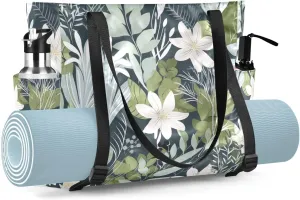 White Flowers Tropics Leaves Yoga Mat Bag for Women Yoga Mat Carrier with Pockets Adjustable Yoga Mat Duffle Bag Carrying Workout Gear for Travel Gym