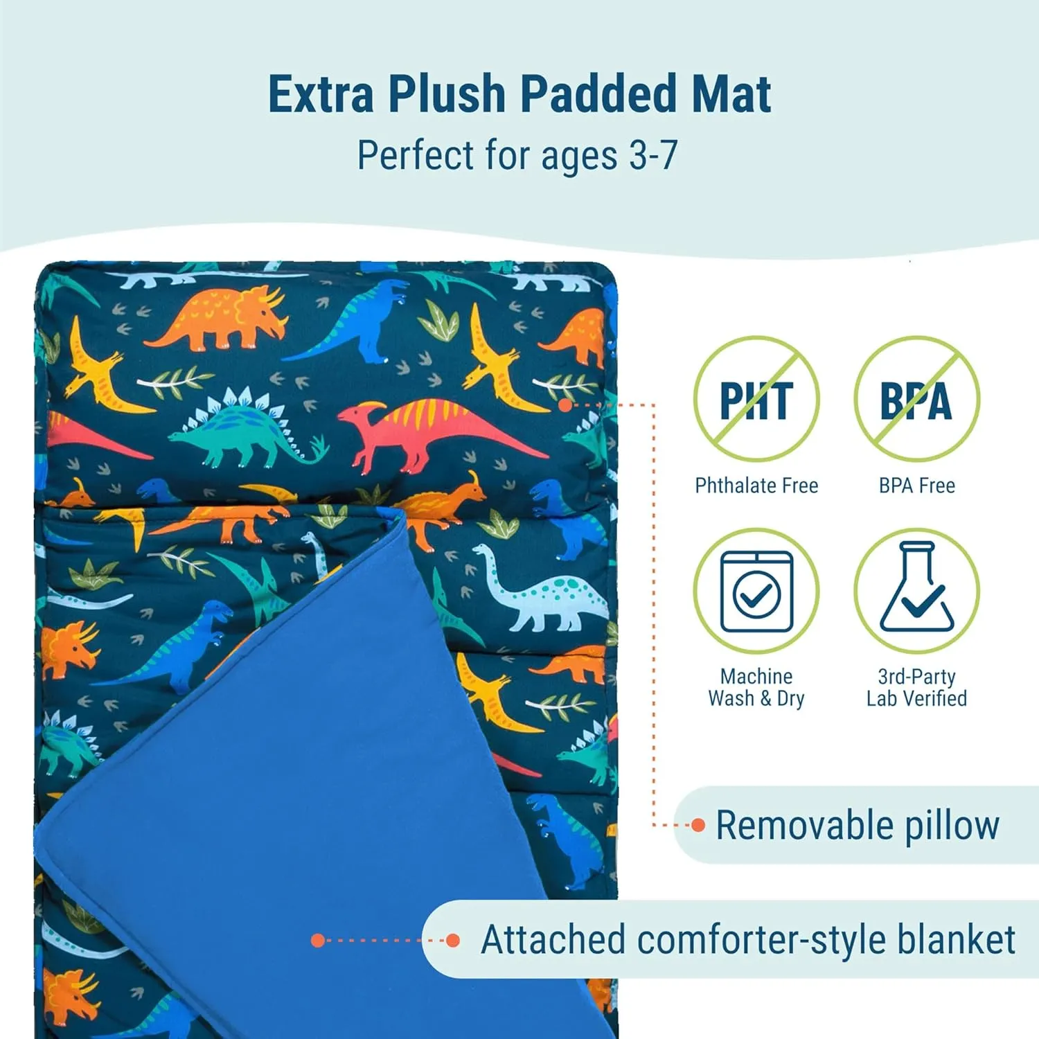 Wildkin Kids Original Nap Mat – Cozy Kids Sleep Mat with Pillow, Ideal for School & Travel - Jurassic Dinosaurs