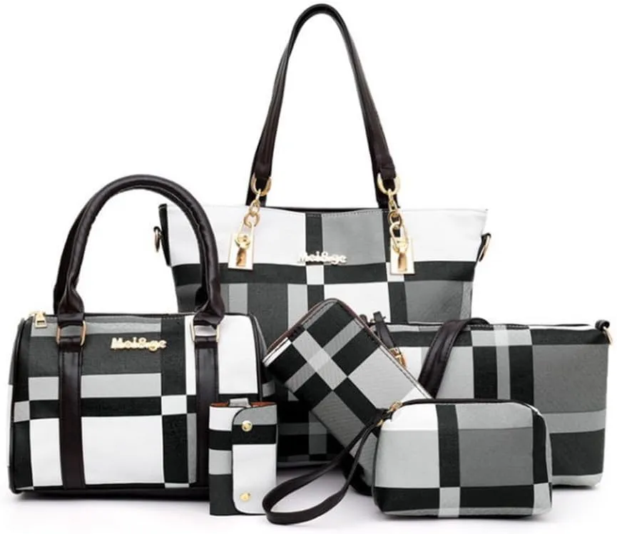 Women 6pcs Tote Purse Handbags Set PU Leather Top-Handle Crossbody Bag Clutch Wallet Key Holder