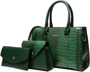 Women Crocodile Pattern Handbag Satchel Purse 3pcs PU Tote Crossbody Bag Clutch Wallet