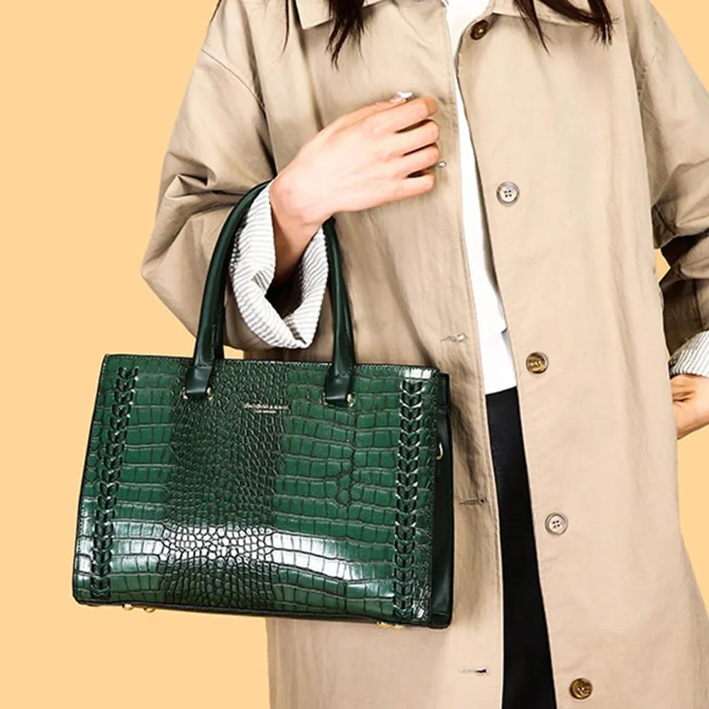Women Crocodile Pattern Handbag Satchel Purse 3pcs PU Tote Crossbody Bag Clutch Wallet