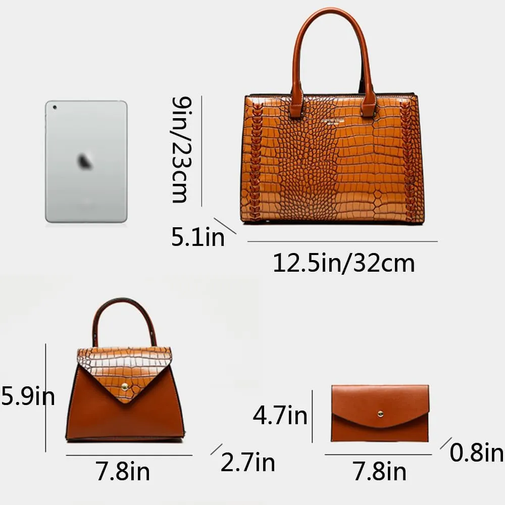 Women Crocodile Pattern Handbag Satchel Purse 3pcs PU Tote Crossbody Bag Clutch Wallet