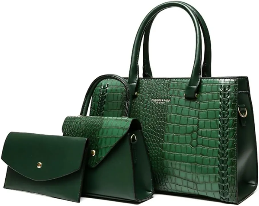 Women Crocodile Pattern Handbag Satchel Purse 3pcs PU Tote Crossbody Bag Clutch Wallet