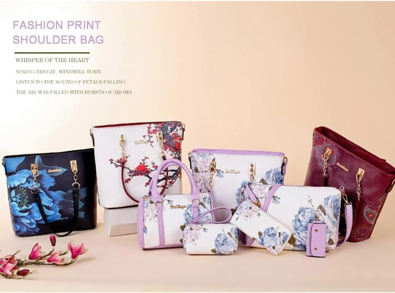 Women Handbags Floral Print 6PCS Handbag and Purse Set Leather Shoulder Tote Work Satchel Crossbody Bags